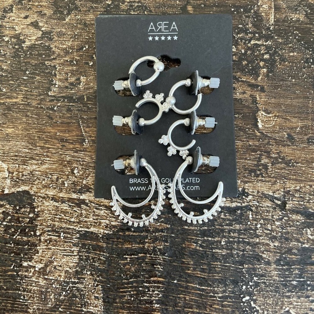 Area Stars Silver Plated Earrings 3 Pairs Moon, Hoops, NEW
